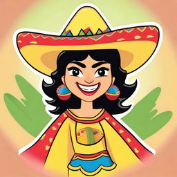 A coquette cartoon of a female human-tortilla chip hybrid character with a playful and flirtatious expression, winking and dressed in a traditional Mexican costume