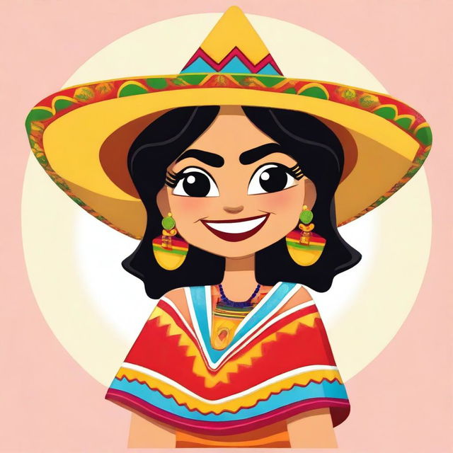 A coquette cartoon of a female human-tortilla chip hybrid character with a playful and flirtatious expression, winking and dressed in a traditional Mexican costume