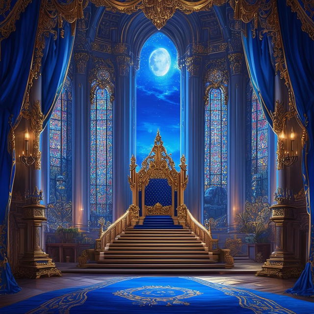 A grand royal throne room is depicted in a detailed digital painting for a fantasy novel cover, featuring opulent decorations, a majestic throne, blue carpet and fabrics, stained glass windows, and a serene night-time atmosphere