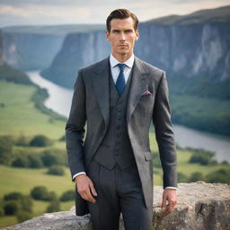 A tall man with sharp features, dressed elegantly standing against a majestic landscape.