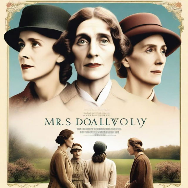 A movie poster featuring three generations of women, each from a different era, connected through the novel 'Mrs