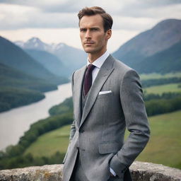 A tall man with sharp features, dressed elegantly standing against a majestic landscape.