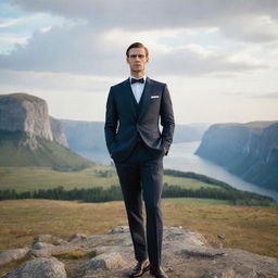 A tall man with sharp features, dressed elegantly standing against a majestic landscape.