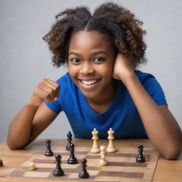 A black teenage girl in a triumphant pose after winning a game of chess against Supergirl