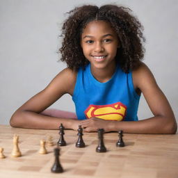 A black teenage girl in a triumphant pose after winning a game of chess against Supergirl