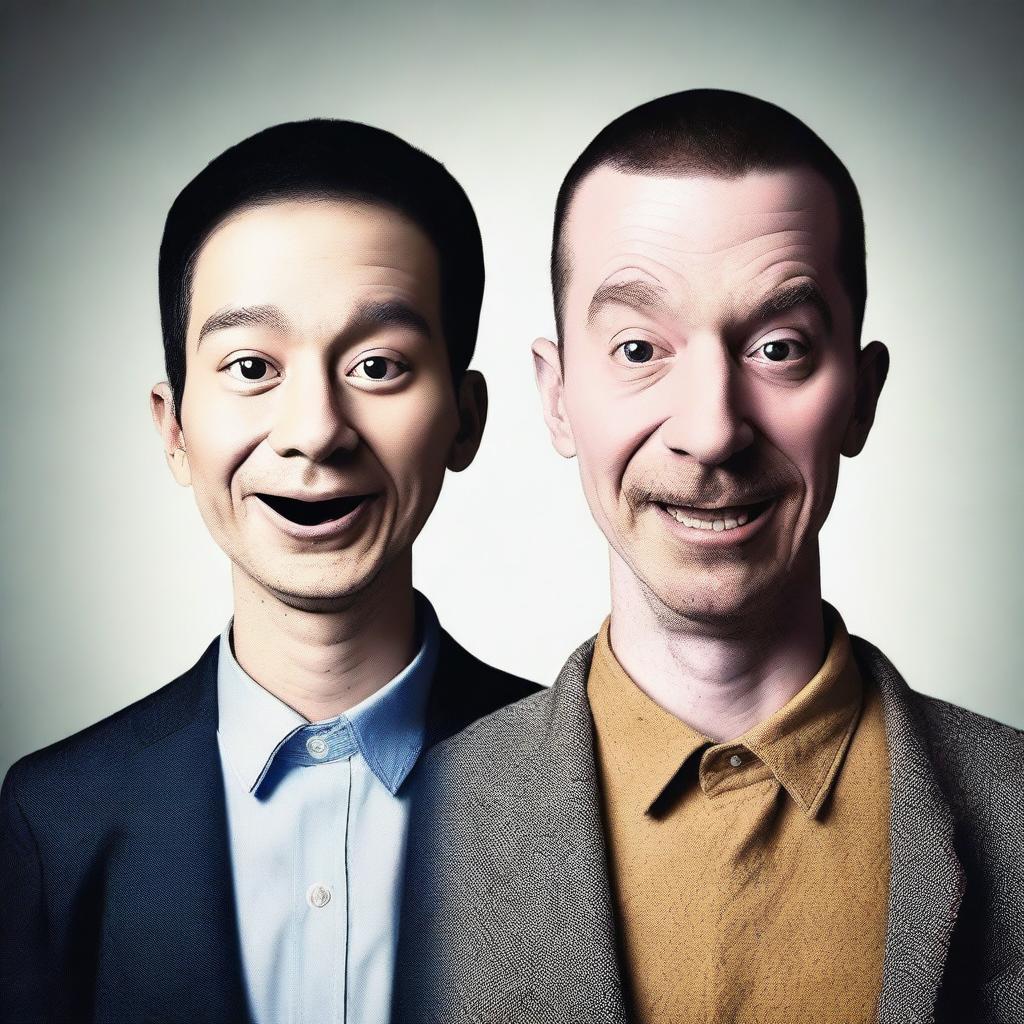 A humorous and playful image where two people or characters have swapped faces