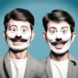 A humorous and playful image where two people or characters have swapped faces