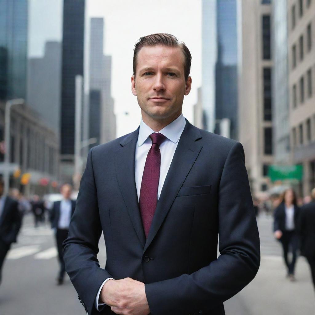 A self-assured businessman in a polished suit, standing tall in a bustling city environment.