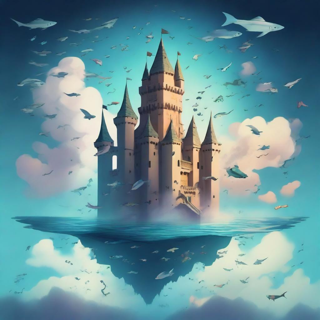 A castle in the clouds with dragons and birds flying around, exuding a happy and magical aura