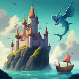 Draw one castle in the sky with dragons and fish, creating a happy and bright atmosphere