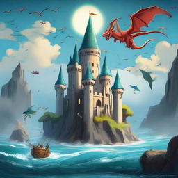 Draw one castle in the sky with dragons and fish, creating a happy and bright atmosphere