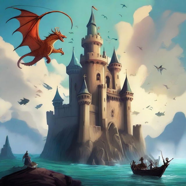 Draw one castle in the sky with dragons and fish, creating a happy and bright atmosphere