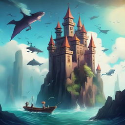 Draw one castle in the sky with dragons and fish, creating a happy and bright atmosphere