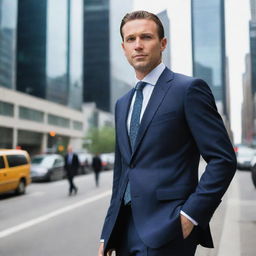 A self-assured businessman in a polished suit, standing tall in a bustling city environment.