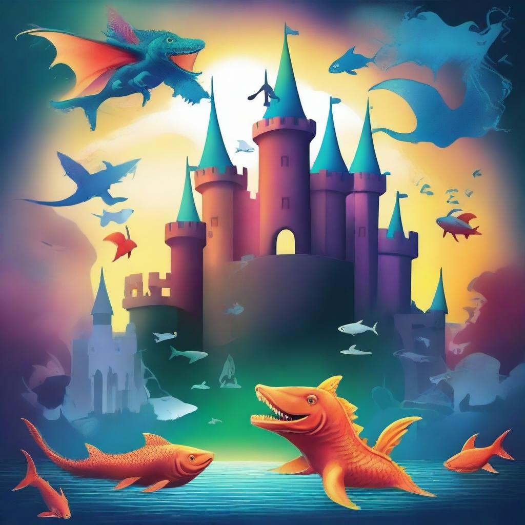 Create an image with two castles: one in the sky with dragons and fish, emitting a happy and bright atmosphere, and another underwater with sharks and monsters, giving off a dark and scary vibe