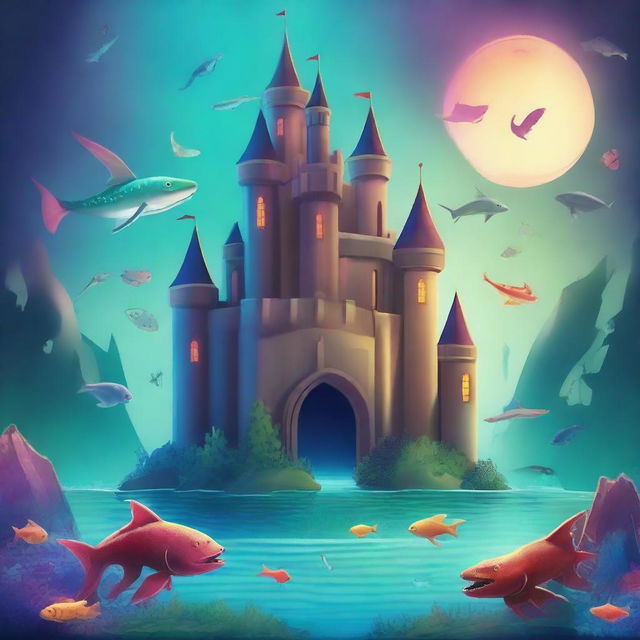 Create an image with two castles: one in the sky with dragons and fish, emitting a happy and bright atmosphere, and another underwater with sharks and monsters, giving off a dark and scary vibe