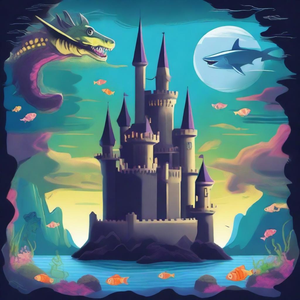 Create an image with two contrasting castles: one in the sky with dragons and fish, radiating happiness and brightness, and another underwater with sharks and monsters, shrouded in darkness and very depressing