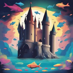 Create an image with two contrasting castles: one in the sky with dragons and fish, radiating happiness and brightness, and another underwater with sharks and monsters, shrouded in darkness and very depressing