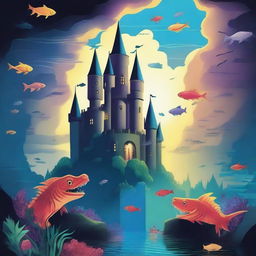 Create an image with two contrasting castles: one in the sky with dragons and fish, radiating happiness and brightness, and another underwater with sharks and monsters, shrouded in darkness and very depressing