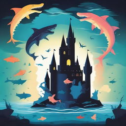 Create an image with two contrasting castles: one in the sky with dragons and fish, radiating happiness and brightness, and another underwater with sharks and monsters, shrouded in darkness and very depressing