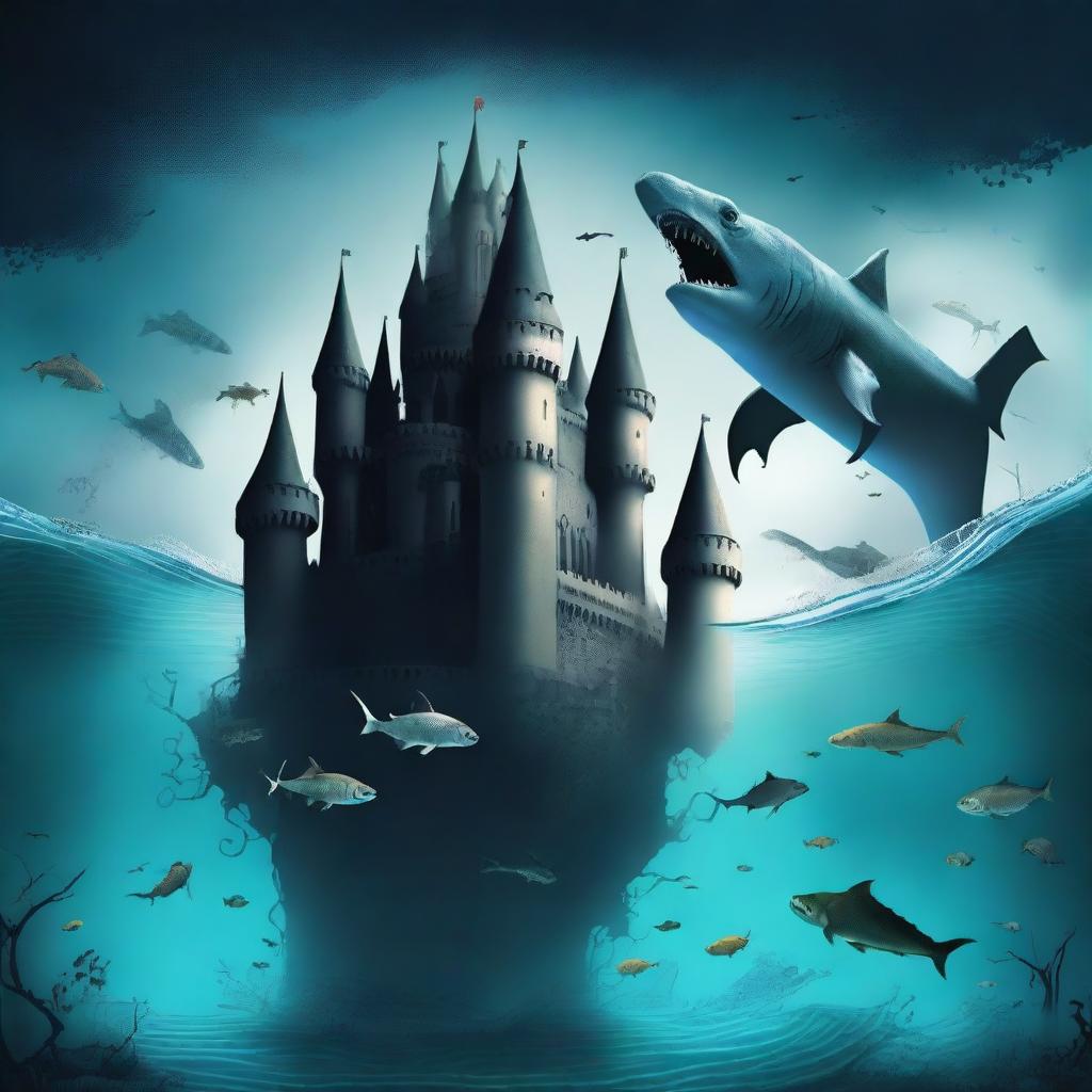 Create an image with two contrasting castles: one floating in the sky with dragons and fish, exuding a happy and bright atmosphere, and another submerged in the sea with sharks and monsters, appearing black, very depressing, dark, and scary