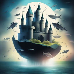 Create an image with two contrasting castles: one floating in the sky with dragons and fish, exuding a happy and bright atmosphere, and another submerged in the sea with sharks and monsters, appearing black, very depressing, dark, and scary