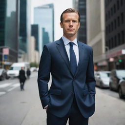 A self-assured businessman in a polished suit, standing tall in a bustling city environment.