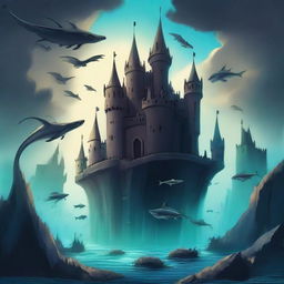 Create an image with two contrasting castles: one floating in the sky with dragons and fish, exuding a happy and bright atmosphere, and another submerged in the sea with sharks and monsters, appearing black, very depressing, dark, and scary