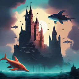 Create an image with two contrasting castles: one floating in the sky with dragons and fish, exuding a happy and bright atmosphere, and another submerged in the sea with sharks and monsters, appearing black, very depressing, dark, and scary