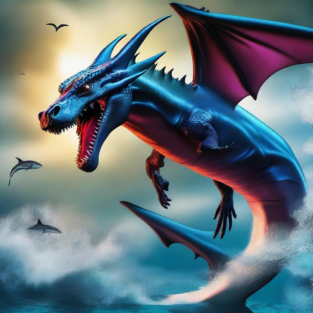 Create a close-up image of a beautiful dragon flying vertically down from the sky towards a close-up of a shark swimming vertically up from the sea