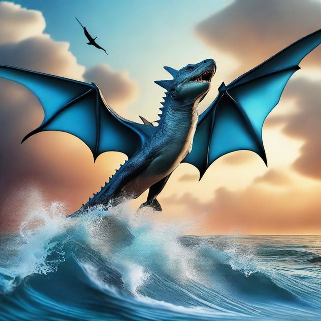 Create a close-up image of a beautiful dragon flying vertically down from the sky towards a close-up of a shark swimming vertically up from the sea