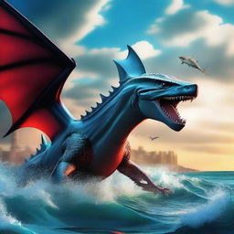 Create a close-up image of a beautiful dragon flying vertically down from the sky towards a close-up of a shark swimming vertically up from the sea