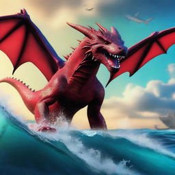 Create a close-up image of a beautiful dragon flying vertically down from the sky towards a close-up of a shark swimming vertically up from the sea