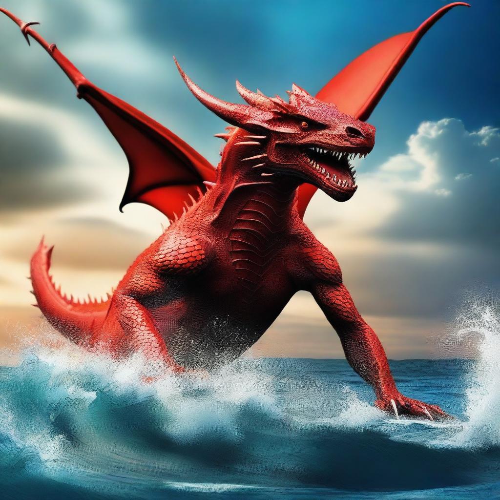 Create a close-up image of a beautiful dragon flying downwards from the sky towards a shark swimming upwards from the sea