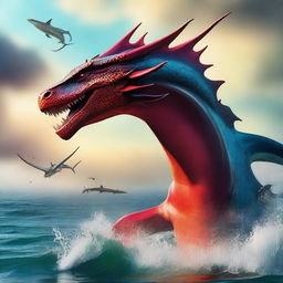 Create a close-up image of a beautiful dragon flying downwards from the sky towards a shark swimming upwards from the sea