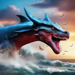 Create a close-up image of a beautiful dragon flying downwards from the sky towards a shark swimming upwards from the sea