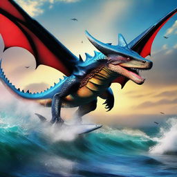 Create a close-up image of a beautiful dragon flying downwards from the sky towards a shark swimming upwards from the sea