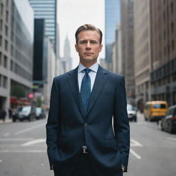 A self-assured businessman in a polished suit, standing tall in a bustling city environment.