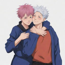 Anime style drawing of Gojo Satoru from Jujutsu Kaisen, hugging Megumi Fushiguro, also from Jujutsu Kaisen. They show a warm friendly connection, both are in their characteristic, colorful outfits.