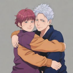 Anime style drawing of Gojo Satoru from Jujutsu Kaisen, hugging Megumi Fushiguro, also from Jujutsu Kaisen. They show a warm friendly connection, both are in their characteristic, colorful outfits.