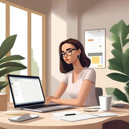 A photorealistic image of a web designer girl sitting in front of a laptop