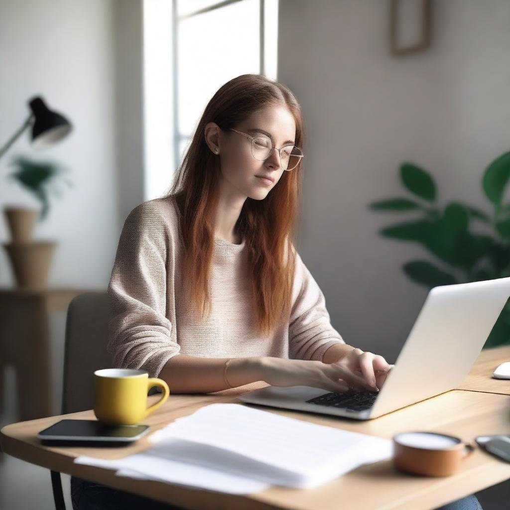 A photorealistic image of a web designer girl sitting in front of a laptop