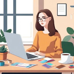 A photorealistic image of a web designer girl sitting in front of a laptop