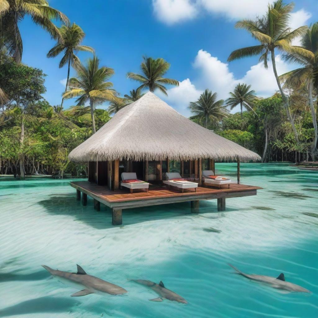 A dream bungalow situated in the middle of a lagoon surrounded by tiger sharks