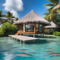 A dream bungalow situated in the middle of a lagoon surrounded by tiger sharks