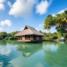 A solitary bungalow in the middle of a lagoon, surrounded by shark fins