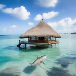 A solitary bungalow in the middle of a lagoon, surrounded by shark fins