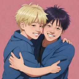 Anime style drawing of Gojo Satoru from Jujutsu Kaisen, hugging Megumi Fushiguro, also from Jujutsu Kaisen. They show a warm friendly connection, both are in their characteristic, colorful outfits.