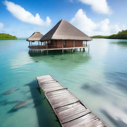 A solitary bungalow in the middle of a lagoon, surrounded by shark fins