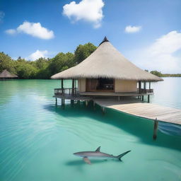 A solitary bungalow in the middle of a lagoon, surrounded by shark fins